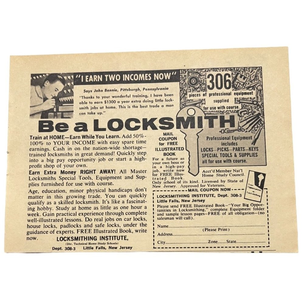 Be a Locksmith Mini Print Ad Vintage 1963 Locksmithing Institute Little Falls NJ